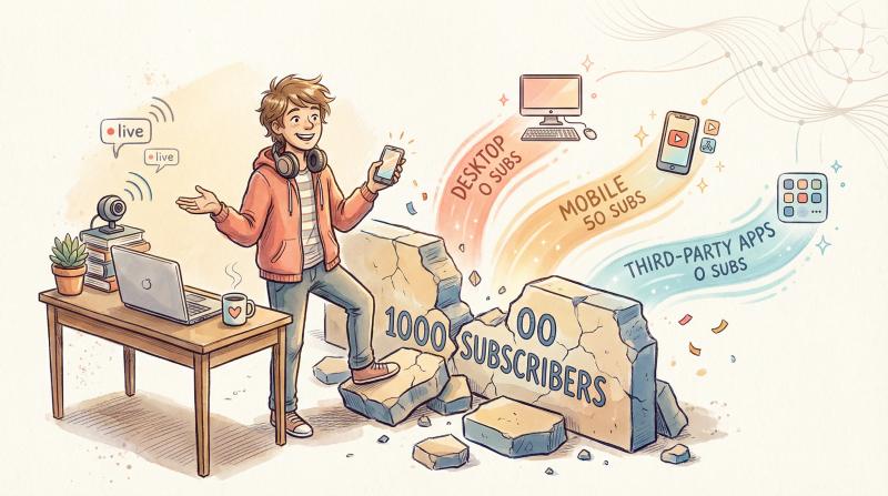 Hand-drawn editorial illustration showing a small creator triumphantly breaking through a barrier labeled 1000, with streaming equipment and paths forward