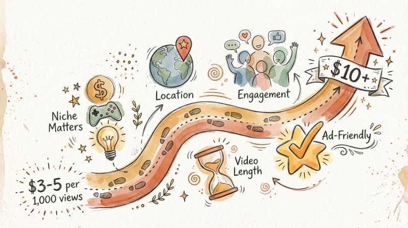 Hand-drawn illustration showing YouTube creator's earnings journey from starting at $3-5 per thousand views to growth potential