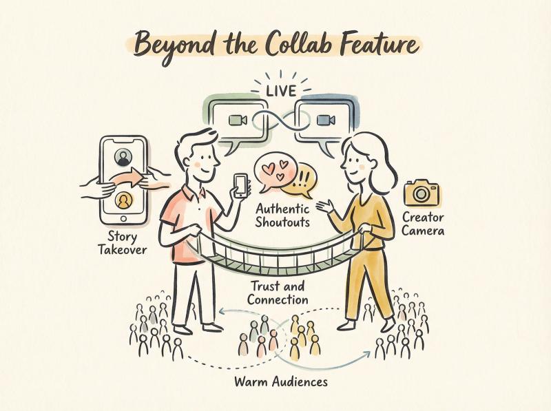 Hand-drawn illustration of two creators collaborating through Instagram Lives, Story takeovers, and authentic partnerships