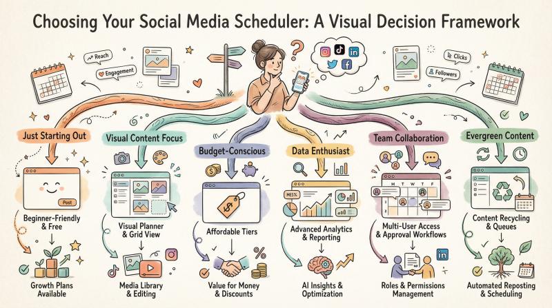 Hand-drawn decision tree showing creator paths to ideal social media scheduler based on needs