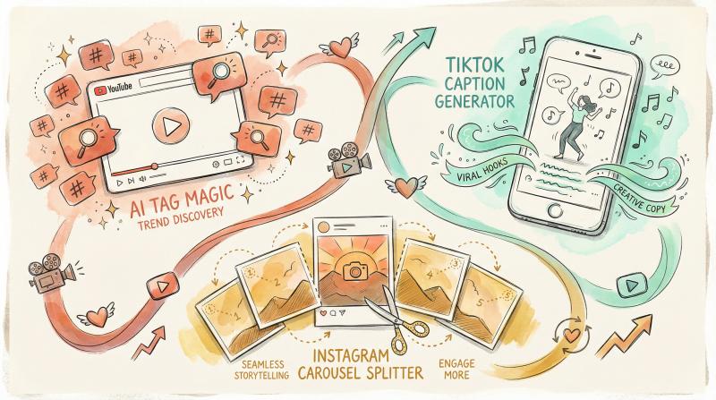 Hand-drawn illustration of Post Bridge free tools: YouTube Tag Generator, TikTok Caption Generator, and Instagram Carousel Splitter working together