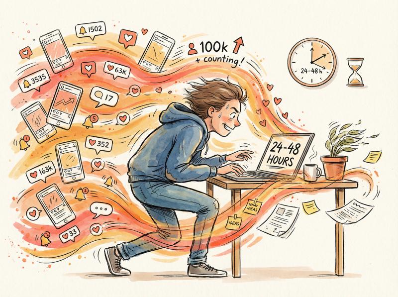 Hand-drawn illustration of creator riding viral momentum wave while actively posting more content