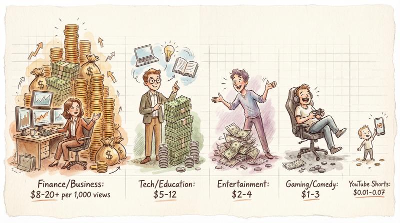 Hand-drawn editorial illustration showing five YouTube creator characters across different niches with varying sized money stacks