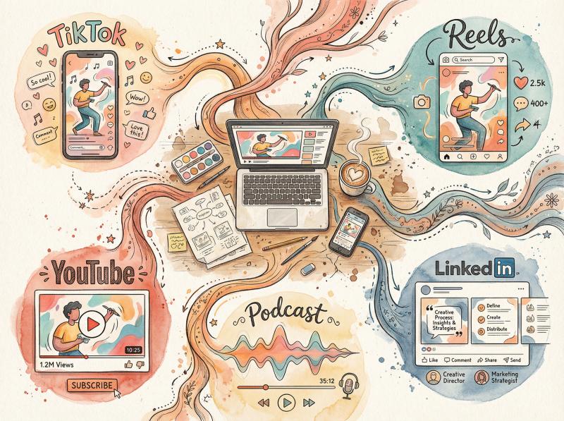 Hand-drawn illustration showing content flowing from central workspace to TikTok, Instagram, YouTube, LinkedIn, and podcast platforms