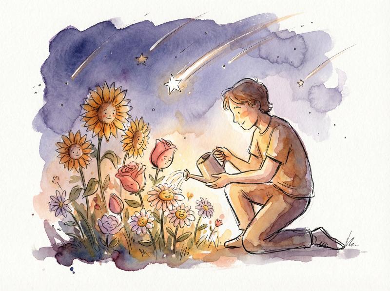 Hand-drawn watercolor illustration showing a creator nurturing a small community garden while shooting stars fade in the night sky above