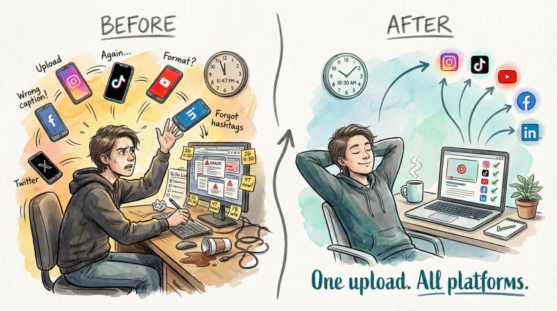 Hand-drawn split illustration comparing manual cross-posting chaos vs streamlined Post Bridge workflow