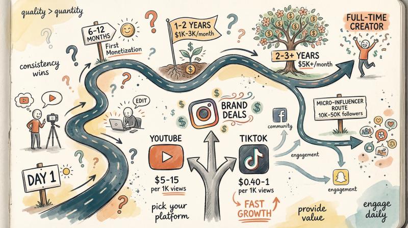 Hand-drawn illustration showing a creator's journey map with branching paths, milestone markers, and platform icons in an artistic sketchbook style