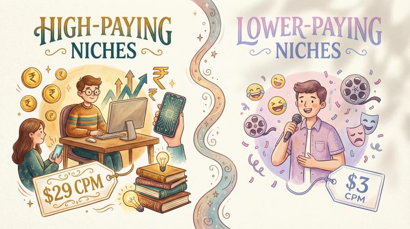 Hand-drawn illustration comparing high-paying YouTube niches like finance and tech versus lower-paying entertainment niches