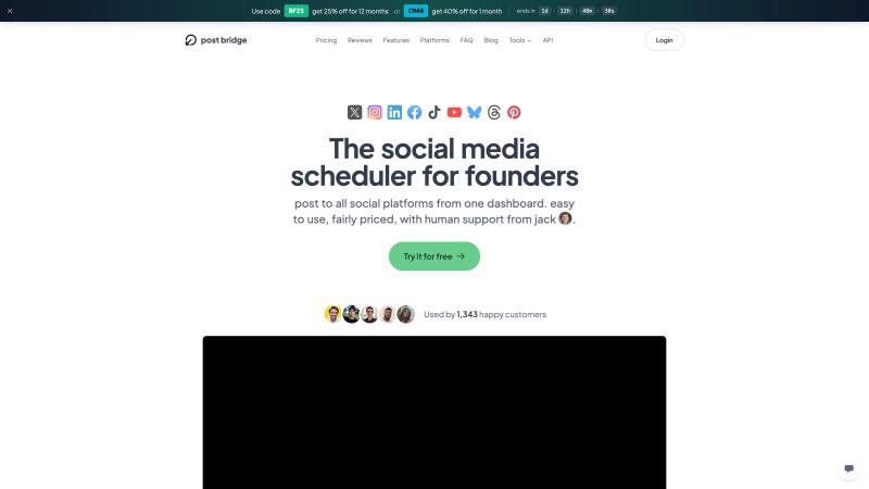 Post bridge homepage showcasing multi-platform social media scheduling for Instagram, TikTok, Facebook, and other networks