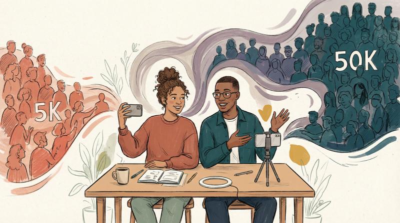 Hand-drawn illustration of two creators collaborating on Instagram content with their audiences merging together
