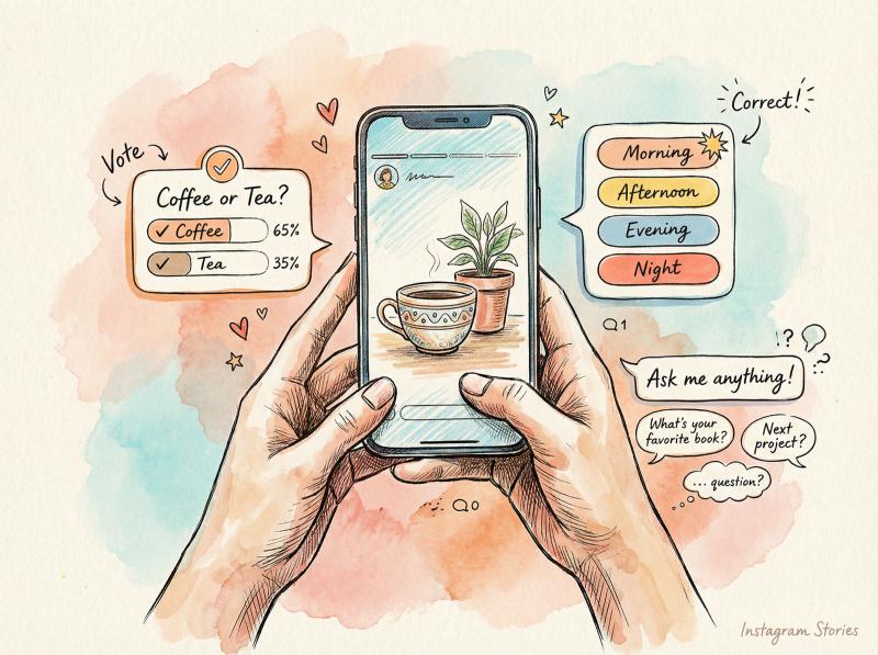 Hand-drawn illustration showing Instagram Stories interactive features like polls, quizzes, and question stickers connecting creator with engaged followers