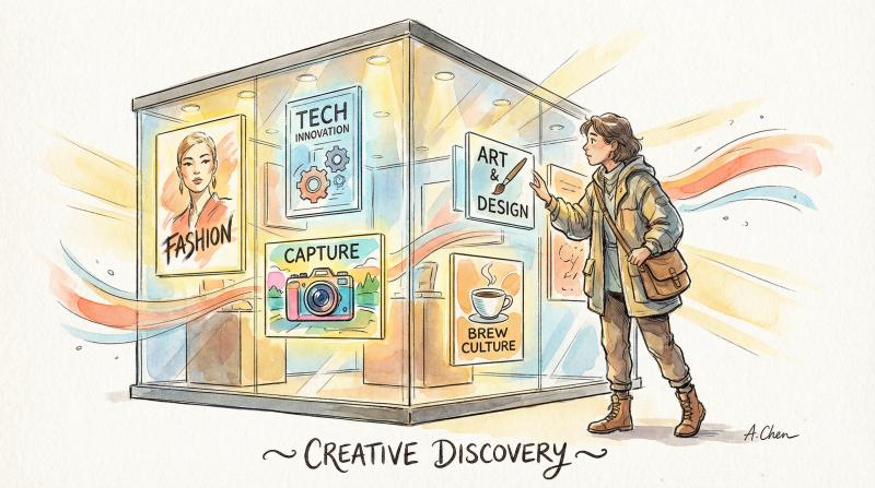 Hand-drawn illustration of creative explorer discovering vibrant ads in the Meta Ads Library transparent showcase, with artistic watercolor-style aesthetic and flowing, organic composition