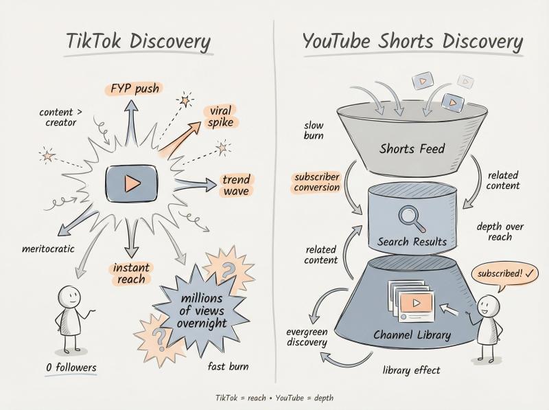 Hand-drawn split diagram comparing TikTok's explosive viral discovery path vs YouTube Shorts' layered search-plus-recommendation system