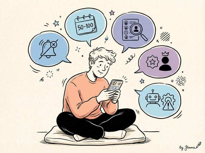 Hand-drawn editorial illustration of person contemplating Instagram follower questions with thought bubbles containing icons for notifications, limits, and etiquette