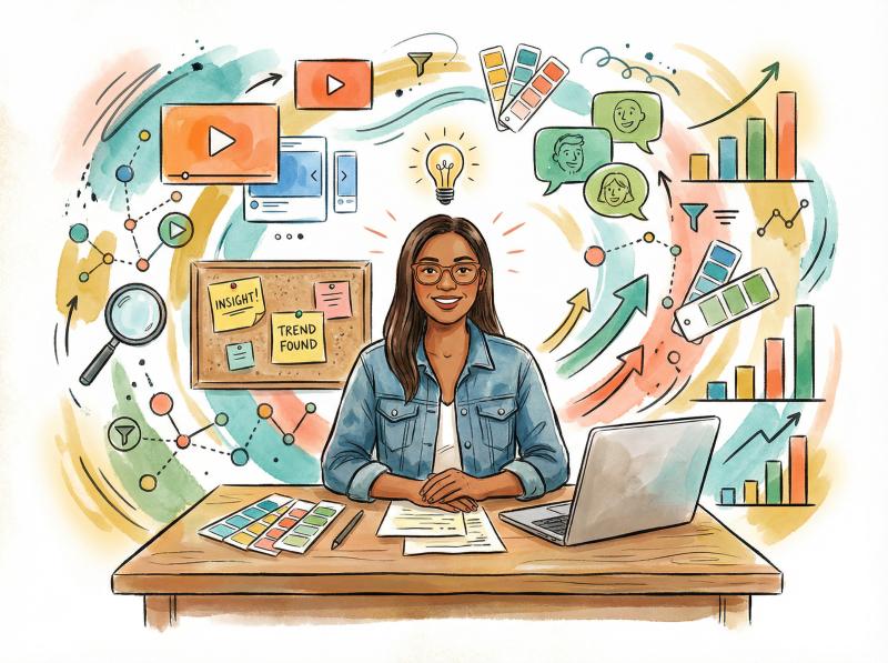 Hand-drawn illustration of a marketer discovering emerging trends and patterns across competitive ads, surrounded by floating visual insights and creative formats