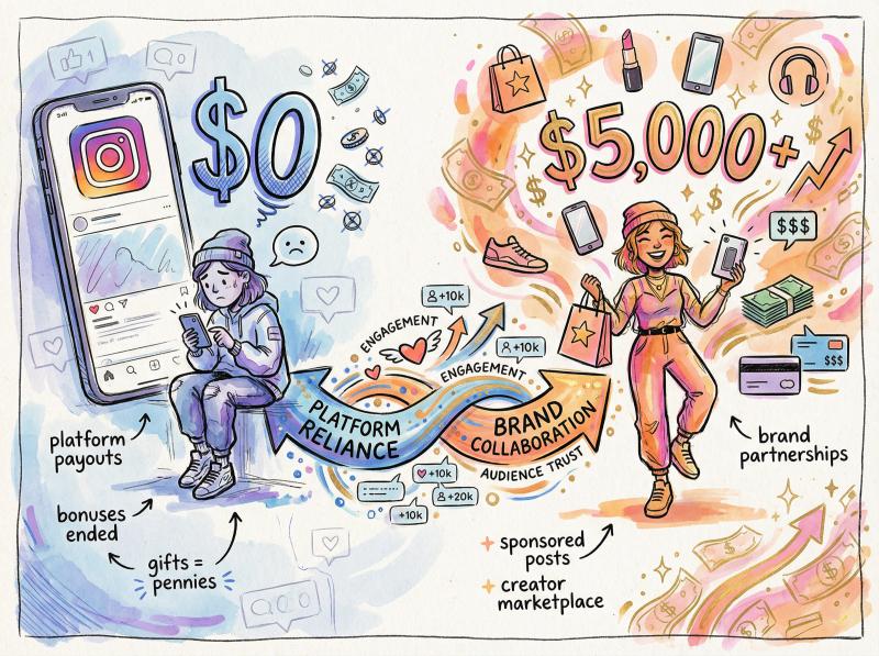 Hand-drawn illustration showing Instagram creator earning zero from platform but thousands from brand partnerships