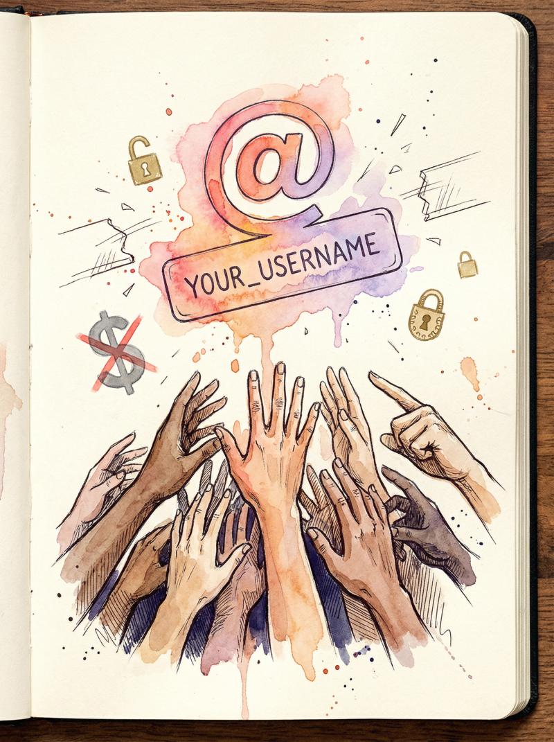 Hand-drawn illustration of hands reaching for a floating Instagram username tag, depicting the first-come-first-served competition with visual rule boundaries