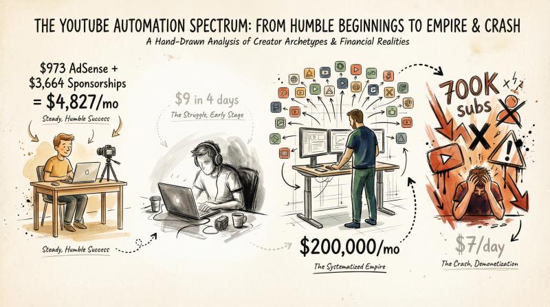 Hand-drawn editorial illustration showing four YouTube automation creator journeys from $9 weekly earnings to $200K monthly empire