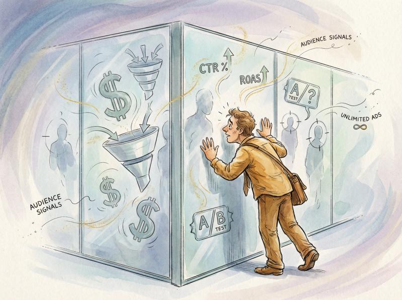 Hand-drawn illustration of a frustrated marketer standing behind glass walls with ghostly dollar signs, performance metrics, and targeting data floating just out of reach on the other side, artistic watercolor style