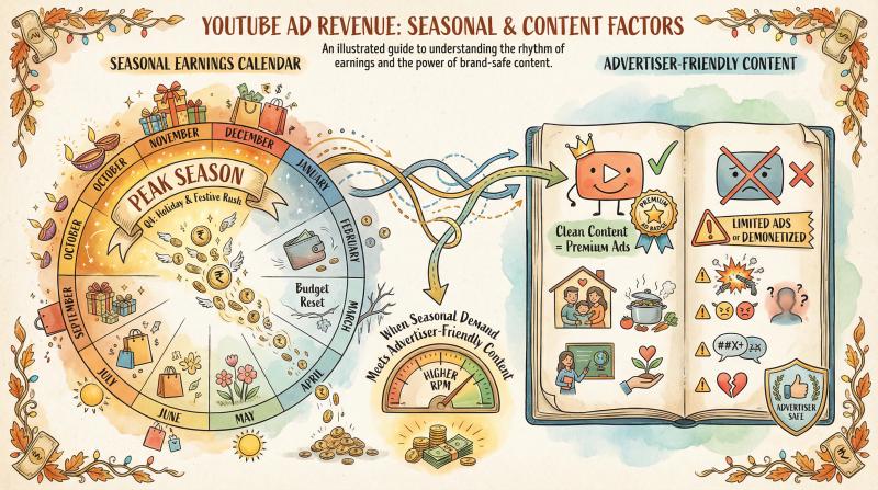 Hand-drawn illustration showing YouTube earnings calendar with Q4 peak season and advertiser-friendly content guidelines