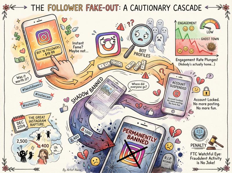 Hand-drawn illustration showing the cascade of consequences from buying fake Instagram followers, featuring warning symbols and account ban imagery