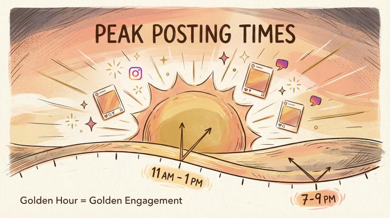 Artistic illustration of Instagram's optimal posting times shown as a golden sunrise with clock elements and engagement peaks