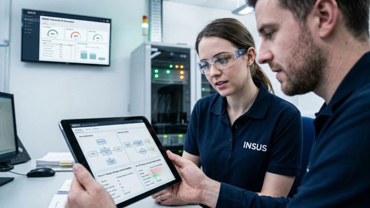 Two INSUS engineers reviewing the INSUS Industrial AI Execution dashboard on a tablet, showing PLC/HMI change tracking