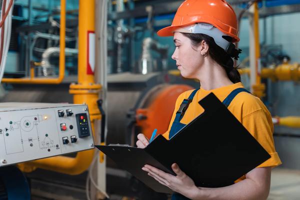 Engineer in an orange hard hat recording equipment readings on a clipboard next to an industrial control panel