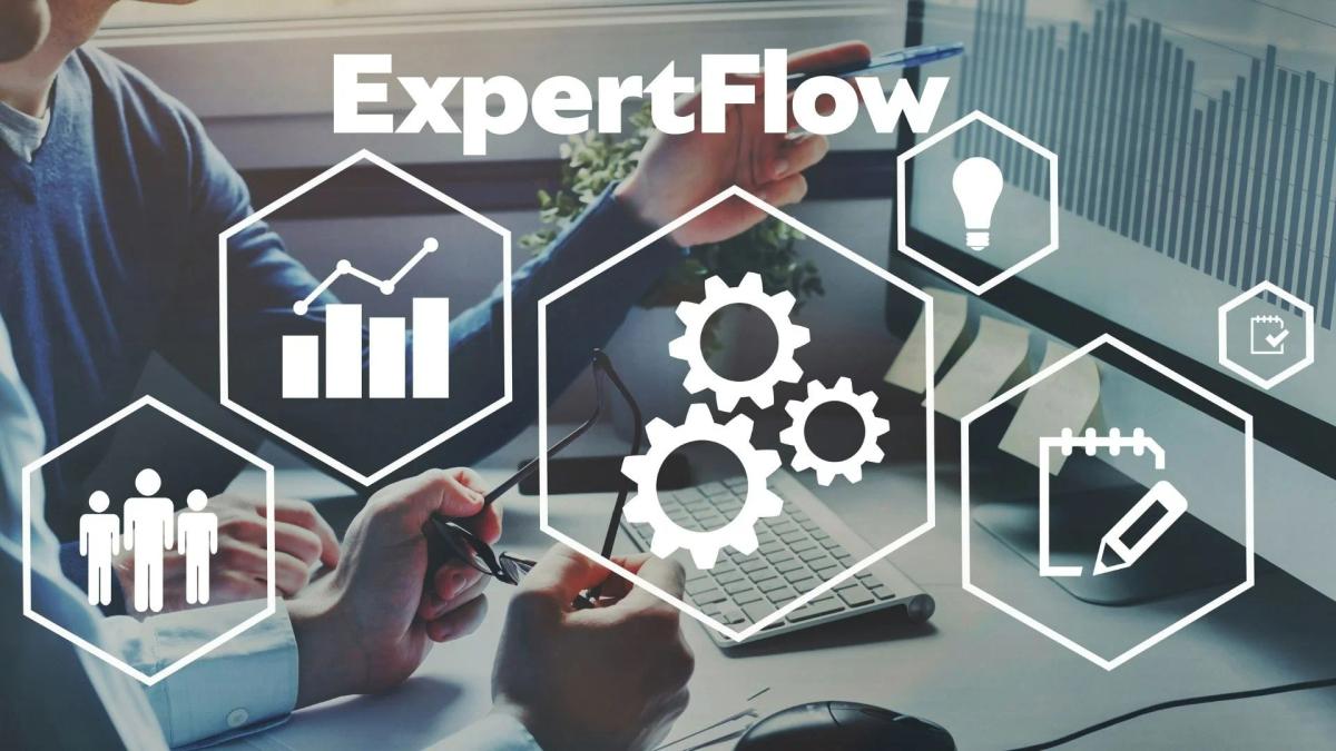 ExpertFlow AI banner with icons for analytics, automation, insights, collaboration, and documentation over an office workspace