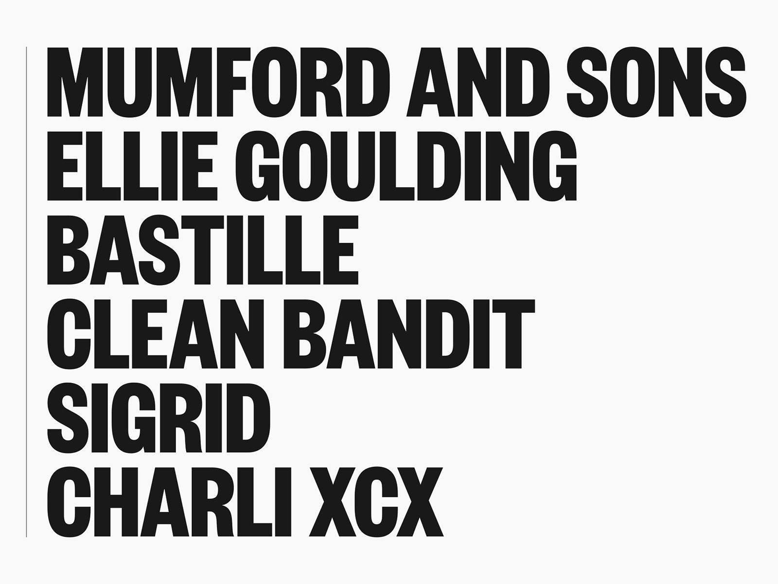 Artclub Live artist lineup in bold black typography on white.