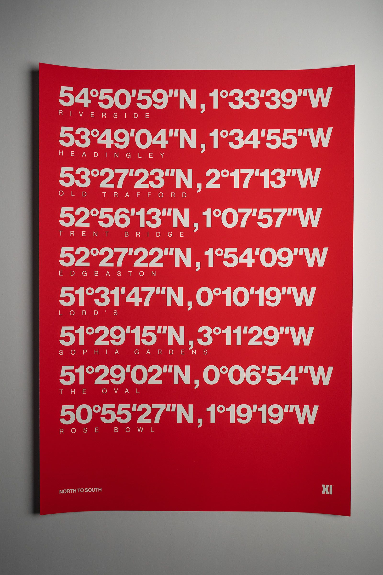 Framed red typographic poster listing geographic coordinates in white.