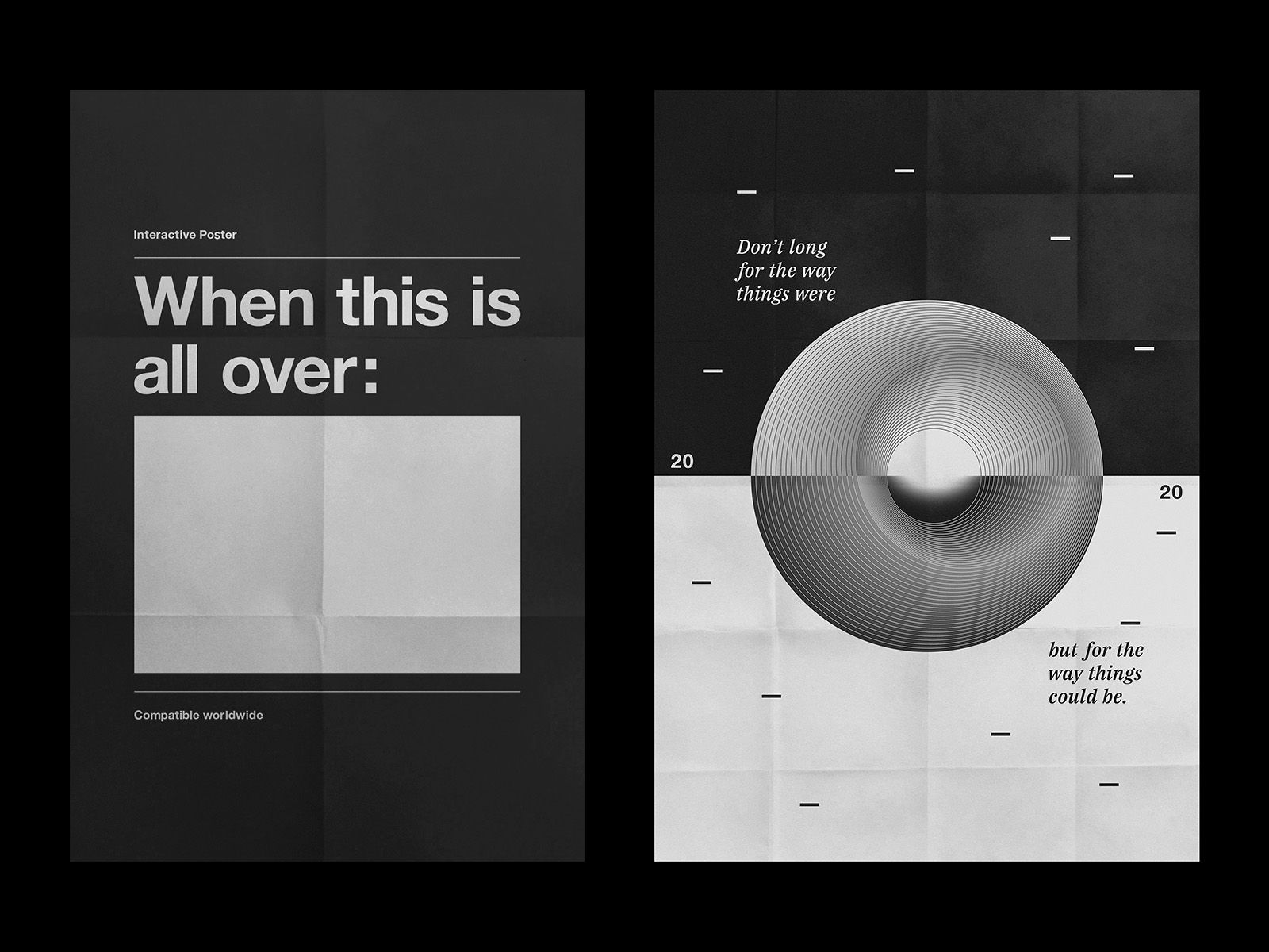 Two monochrome graphic posters, one reading When this is all over and one featuring overlapping circular forms.