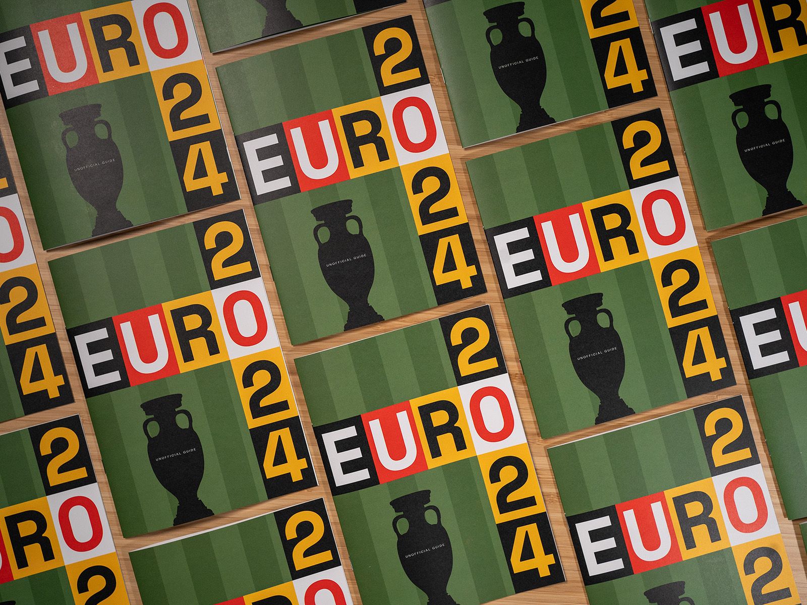 Repeated Euro 2024 guide covers arranged in a pattern of green, yellow, red and white lettering.