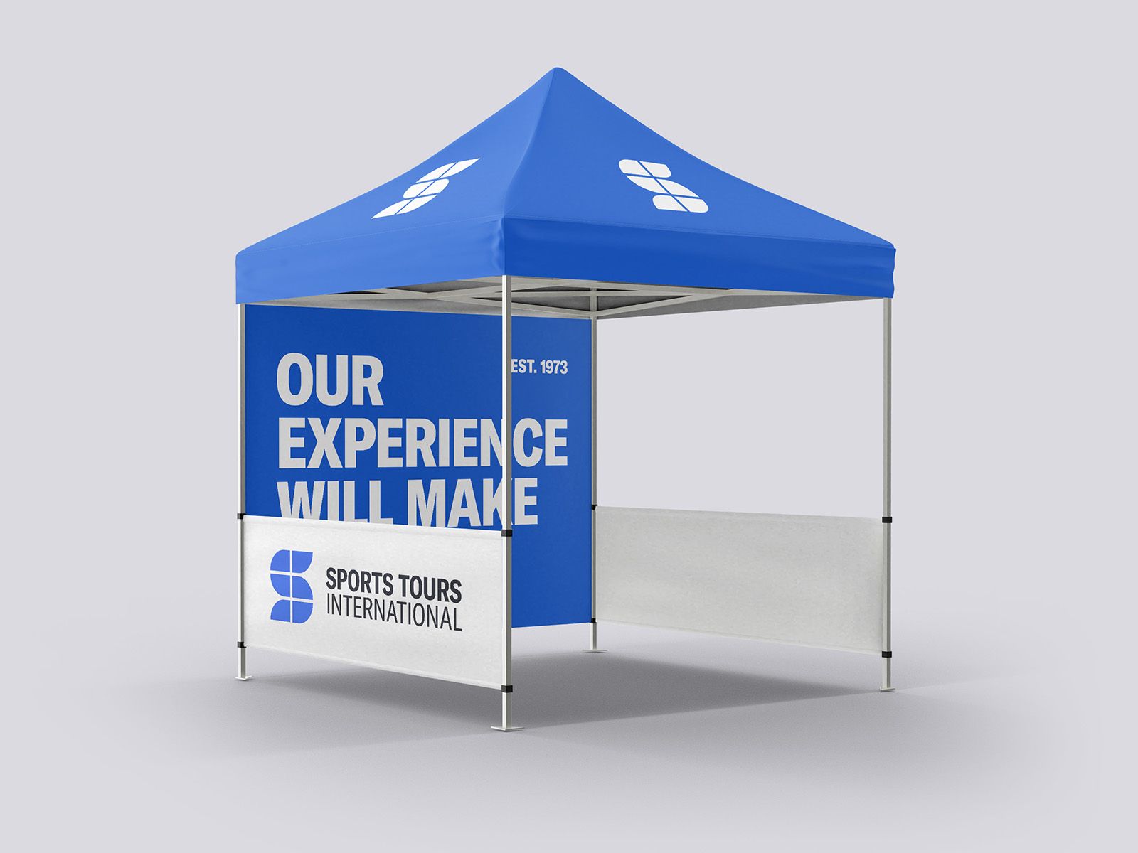 Blue Sports Tours International event gazebo with a branded counter and Our Experience Will Make Yours messaging.