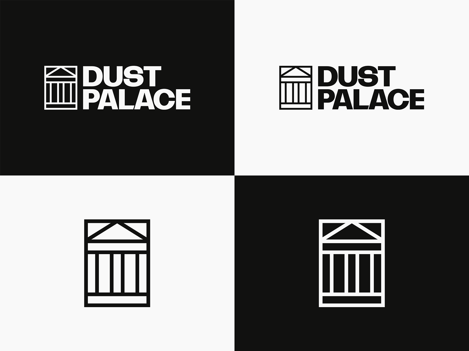 Dust Palace wordmark and architectural symbol presented in black-on-white and white-on-black variations.