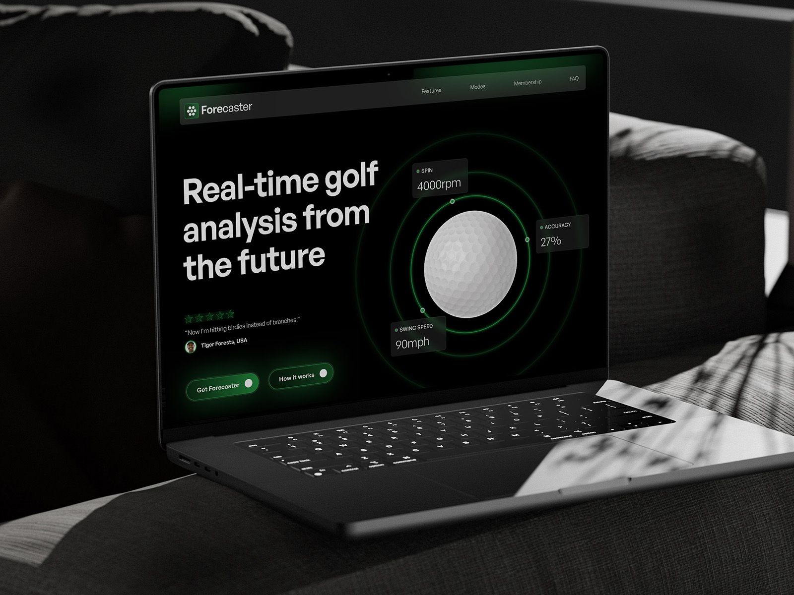 Forecaster golf website displayed on a laptop in sunlight.