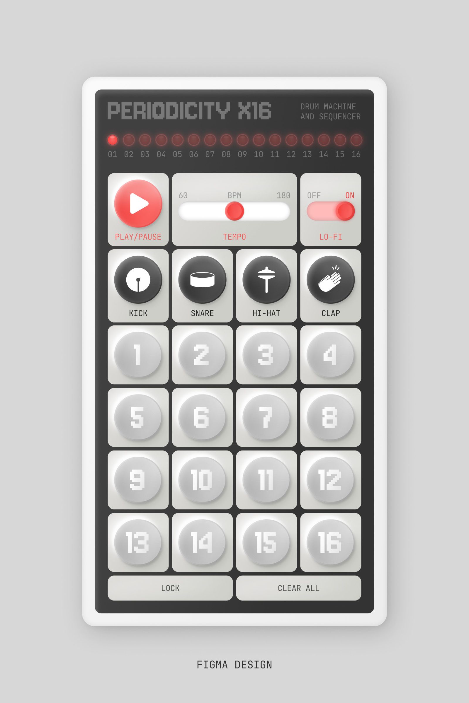 Vector Figma design of a hardware drum machine and sequencer