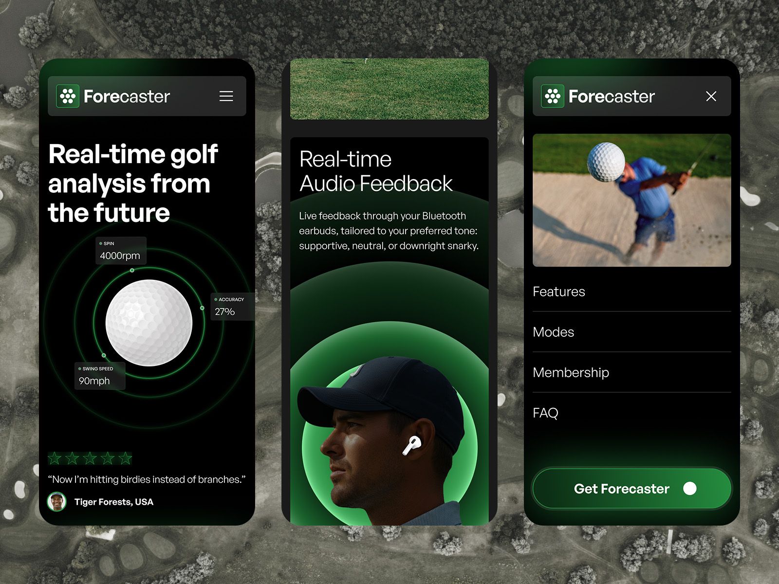 Three mobile screens showing Forecaster golf analysis, audio feedback and membership features.