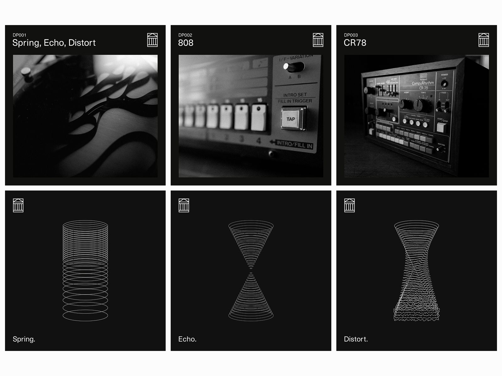 Dust Palace artwork layouts combining monochrome equipment photography and geometric line illustrations.