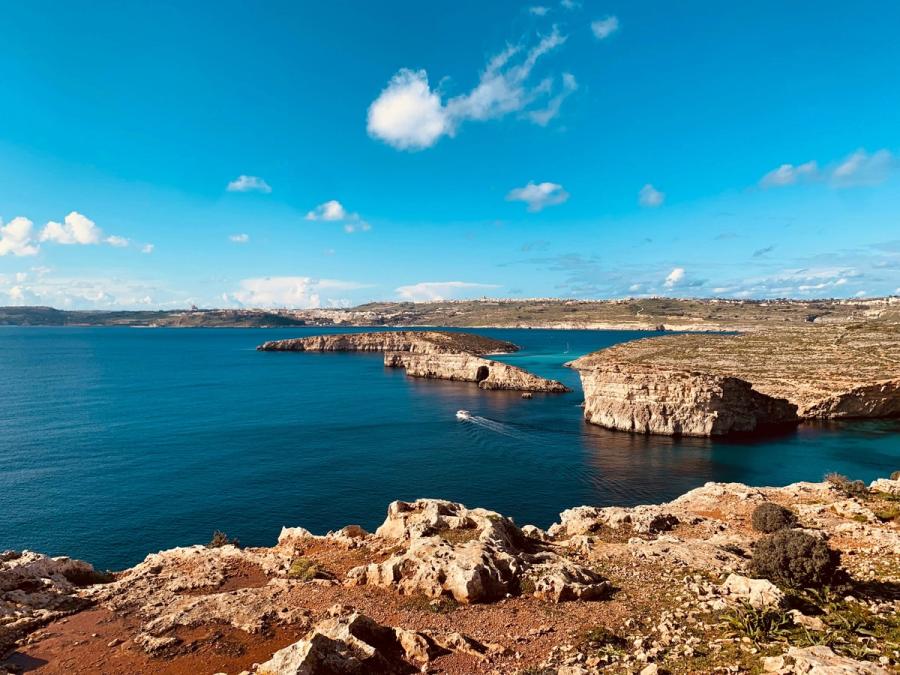 The turquoise sea and rugged coastline of Comino, Malta