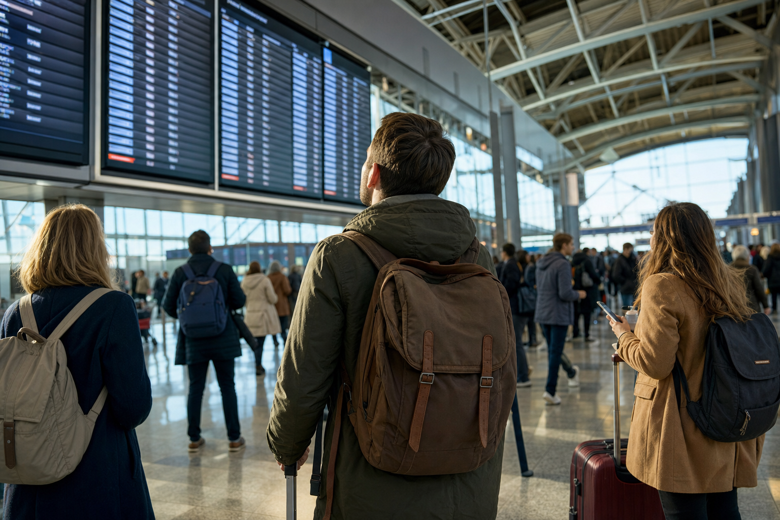 Passengers at a European airport terminal checking flight information screens.