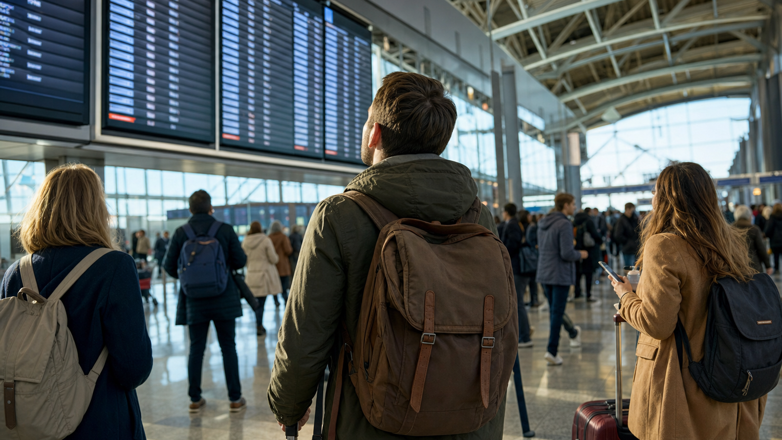 Pasażerowie na terminalu europejskiego lotniska sprawdzający ekrany z informacjami o lotach.