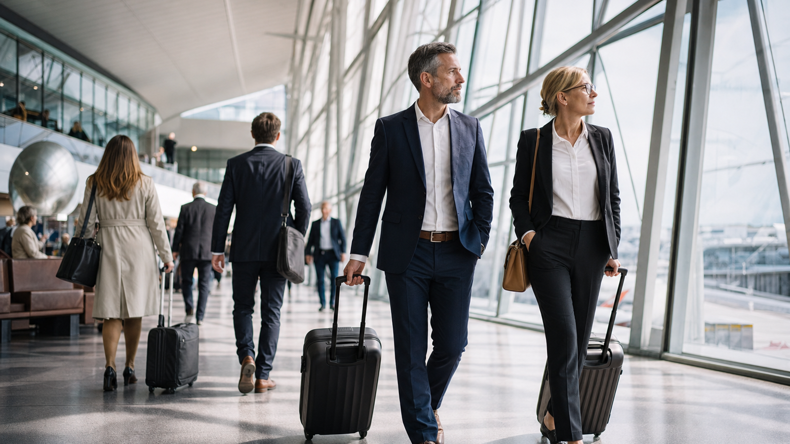 Business travelers in a European airport terminal