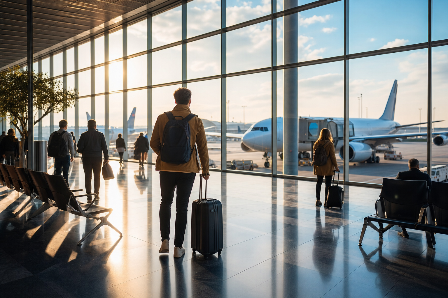 Passengers in a European airport terminal