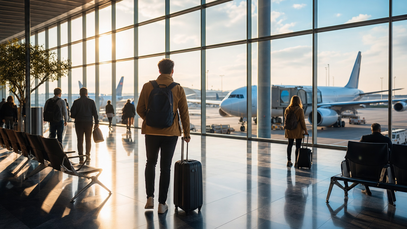Passengers in a European airport terminal