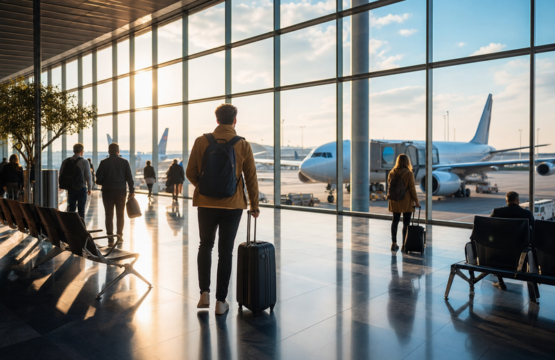 Passengers in a European airport terminal
