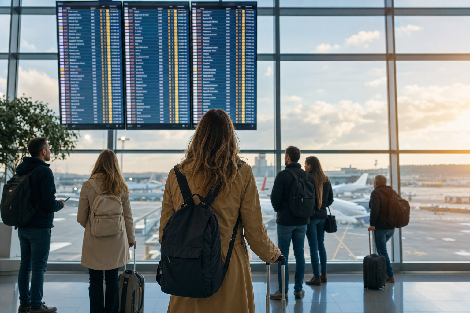 Passengers checking flights at a European airport terminal