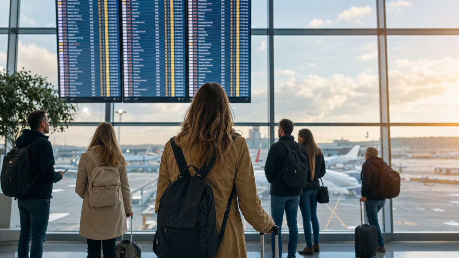 Passengers checking flights at a European airport terminal