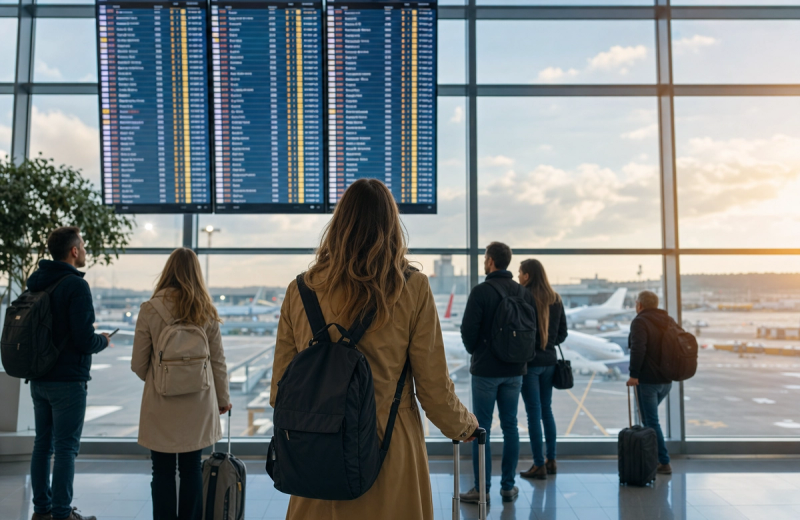 Passengers checking flights at a European airport terminal