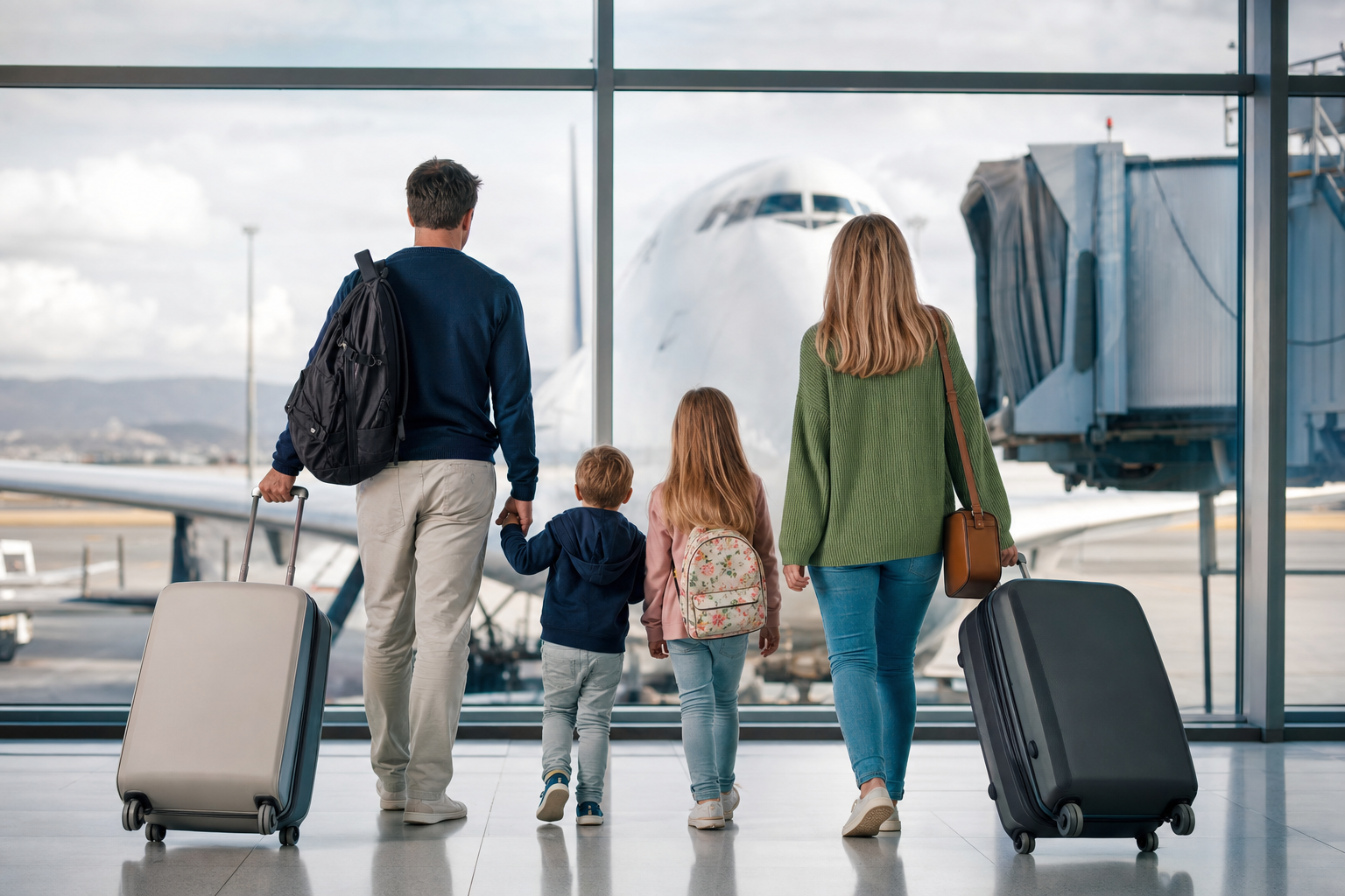 Family boarding a European flight at an airport terminal